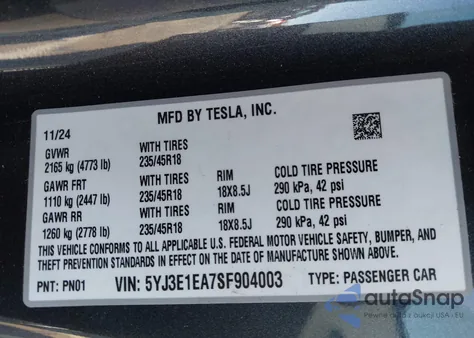 2025 Tesla Model 3 Long Range Rear-Wheel Drive/Standard from USA, damaged, VIN 5YJ3E1EA7SF904003